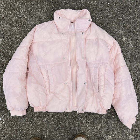Free People Cold Rush Puffer Jacket Coat Cinched Waist Pale Pink - Picture 2 of 8